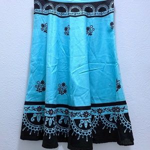 Vintage Flared Patterned Embroidered Linen Skirt | Teal/Black | Size 12